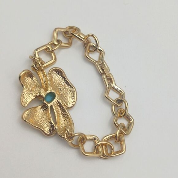 Funky Vintage Goldtone Rhinestone & Faux Turquoise Flower Bracelet - Picture 3 of 7